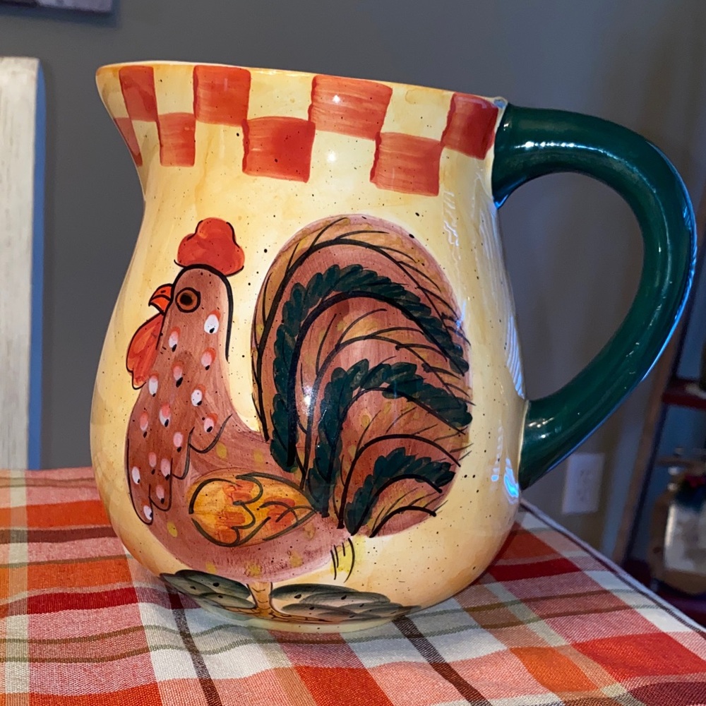 Vintage Baum Bros Red Check Rooster Ceramic Pitcher with Green Handle